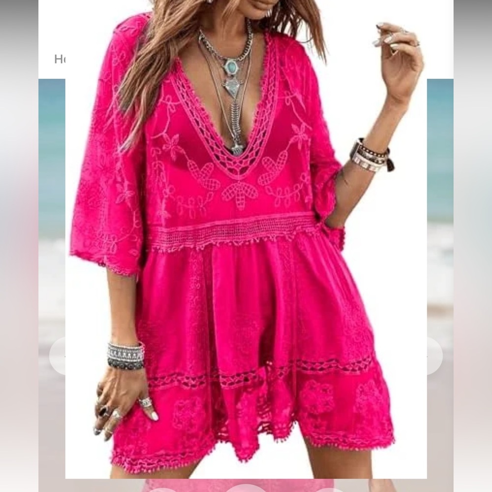 NWT Pink Lace Bathing Suit Swimsuit Cover Up Loose bell sleeves measurements - Picture 10 of 16